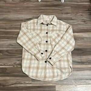 Pink Lily cream with blue and brown stripes flannel shacket size medium